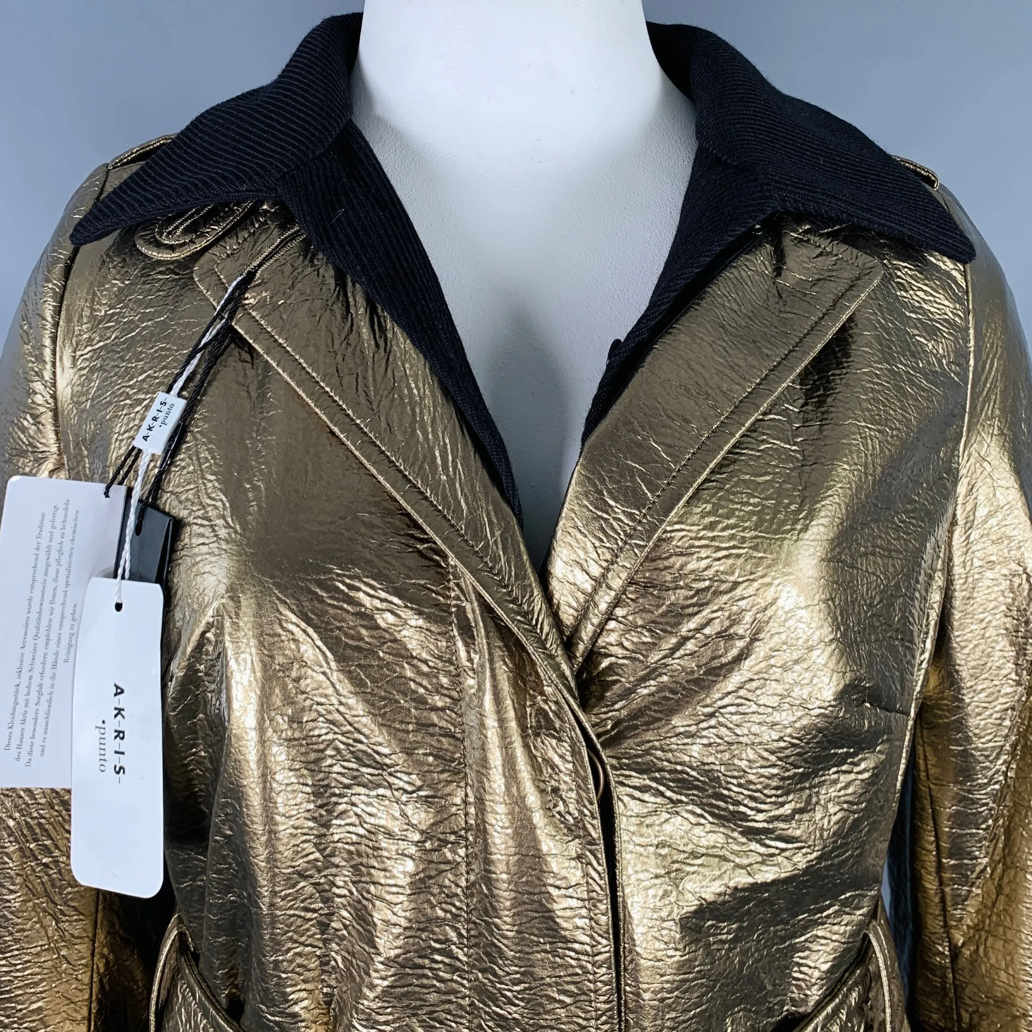 AKRIS Size 12 Gold Polyester Blend Metallic Trench Coat
