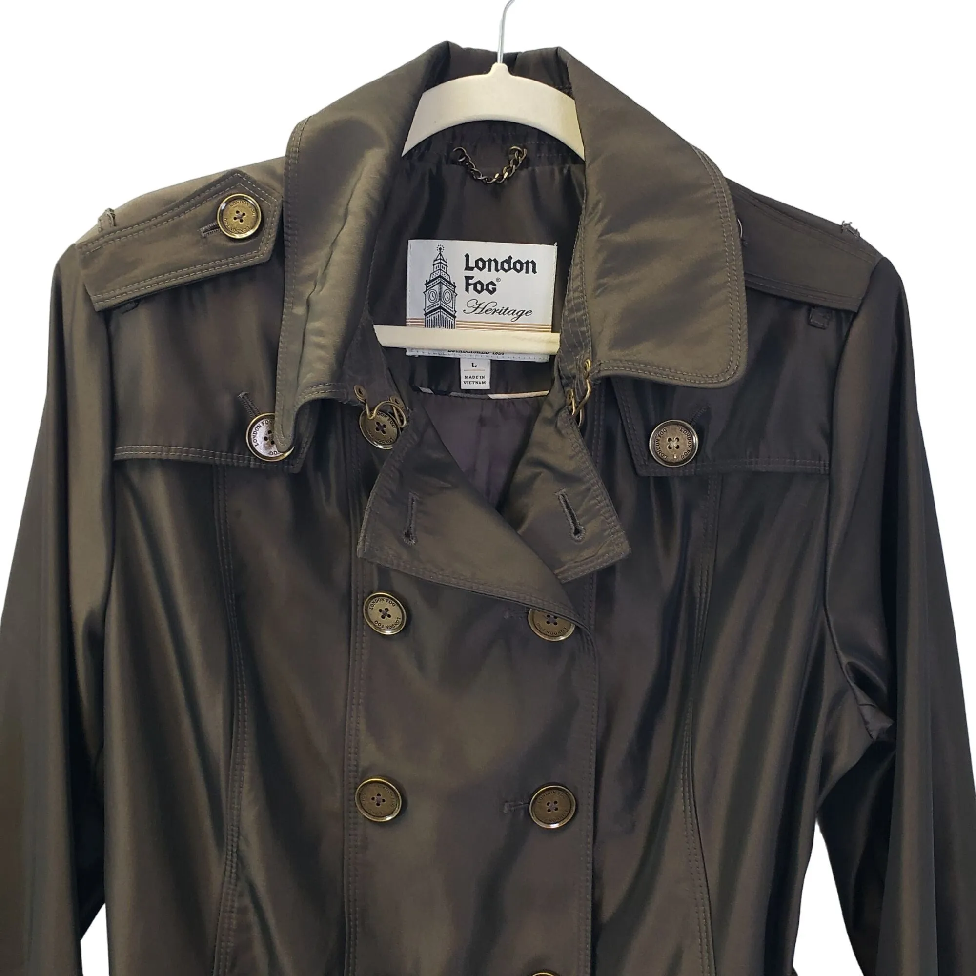 London Fog Metallic Bronze Tie Waist Trench Coat Size M/L