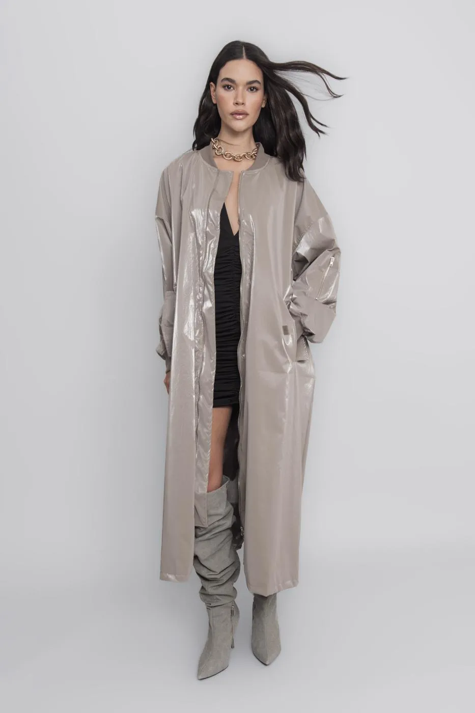 Mink Oversized Long Patent Leather Trench Coat