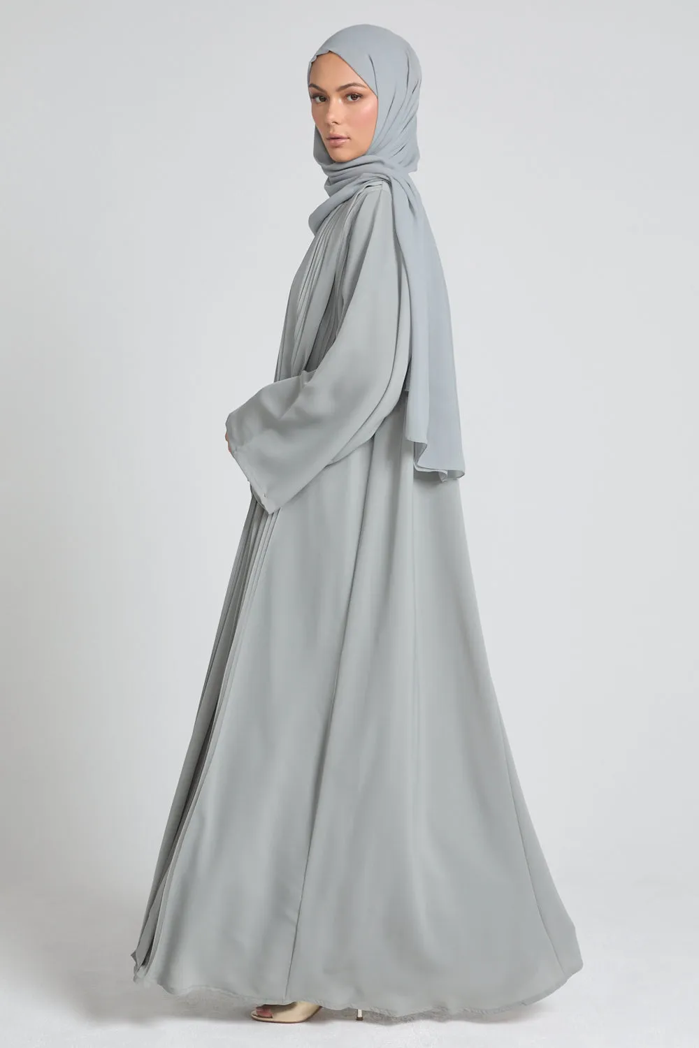 Premium Pleated Detailing Open Abaya - Sage Grey