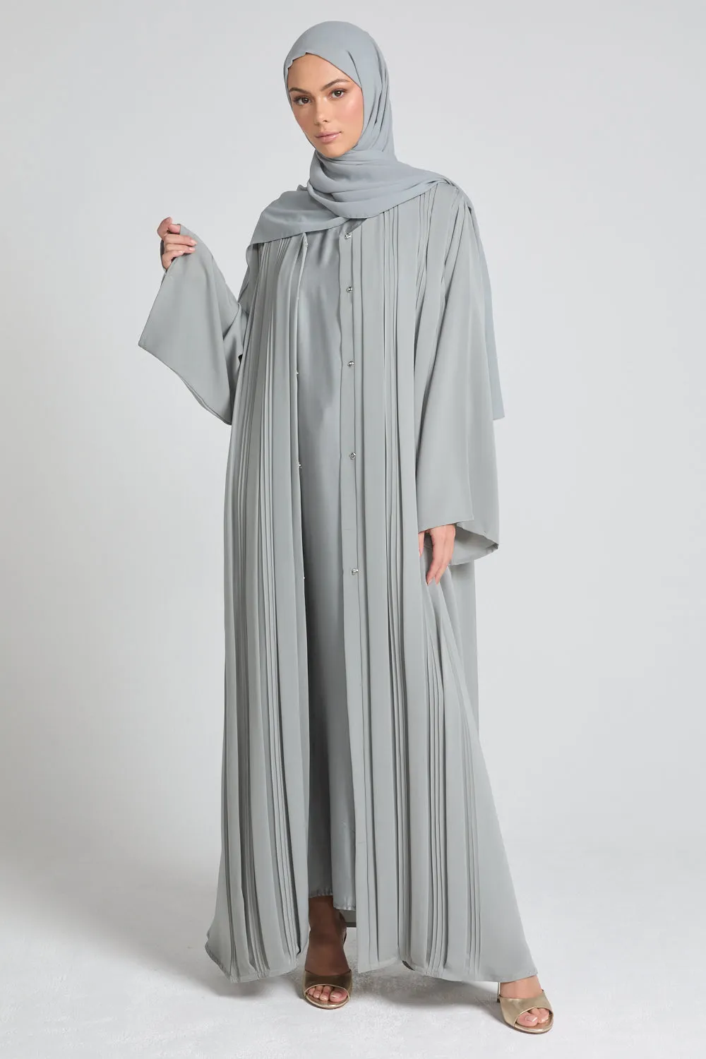 Premium Pleated Detailing Open Abaya - Sage Grey