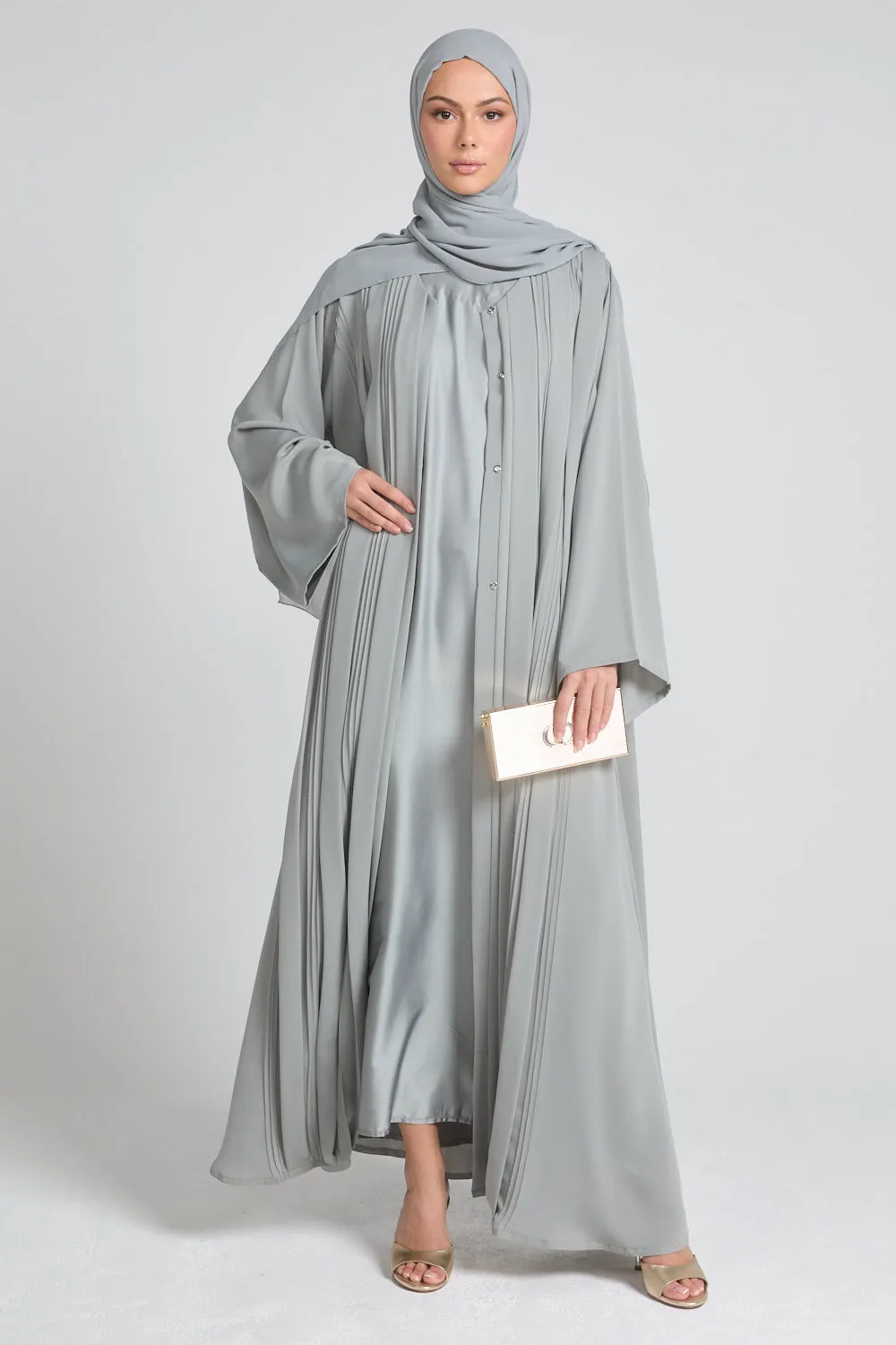 Premium Pleated Detailing Open Abaya - Sage Grey