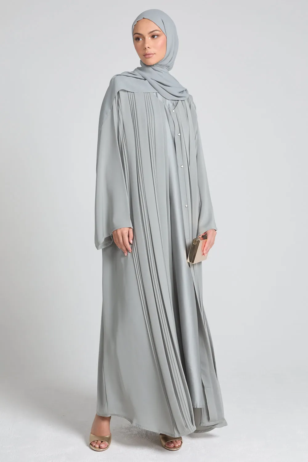 Premium Pleated Detailing Open Abaya - Sage Grey