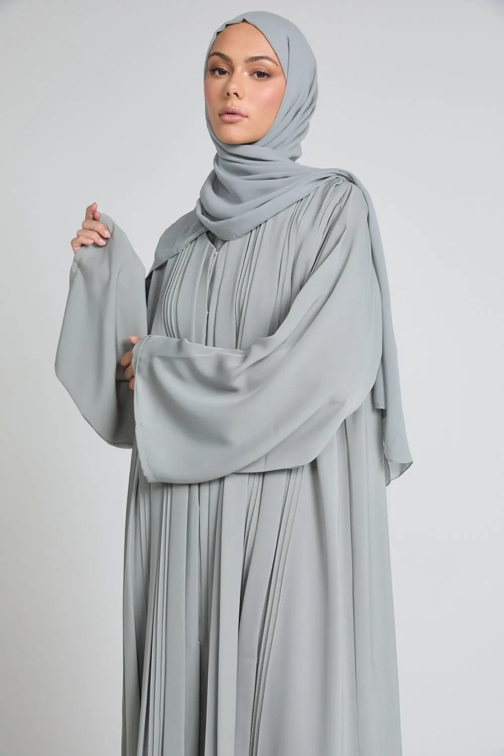 Premium Pleated Detailing Open Abaya - Sage Grey