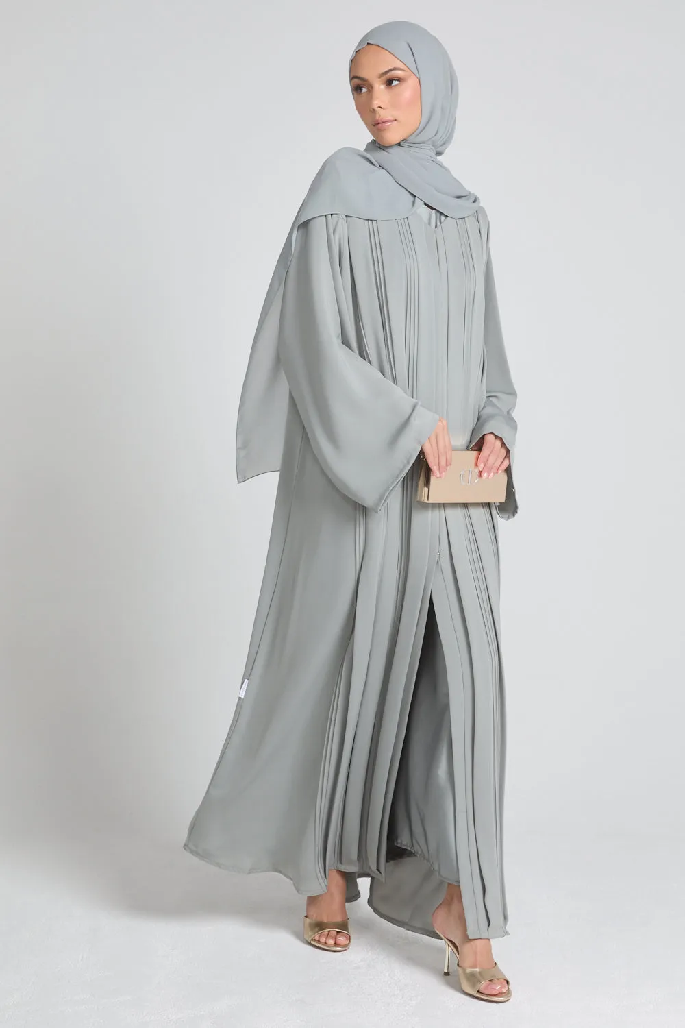 Premium Pleated Detailing Open Abaya - Sage Grey