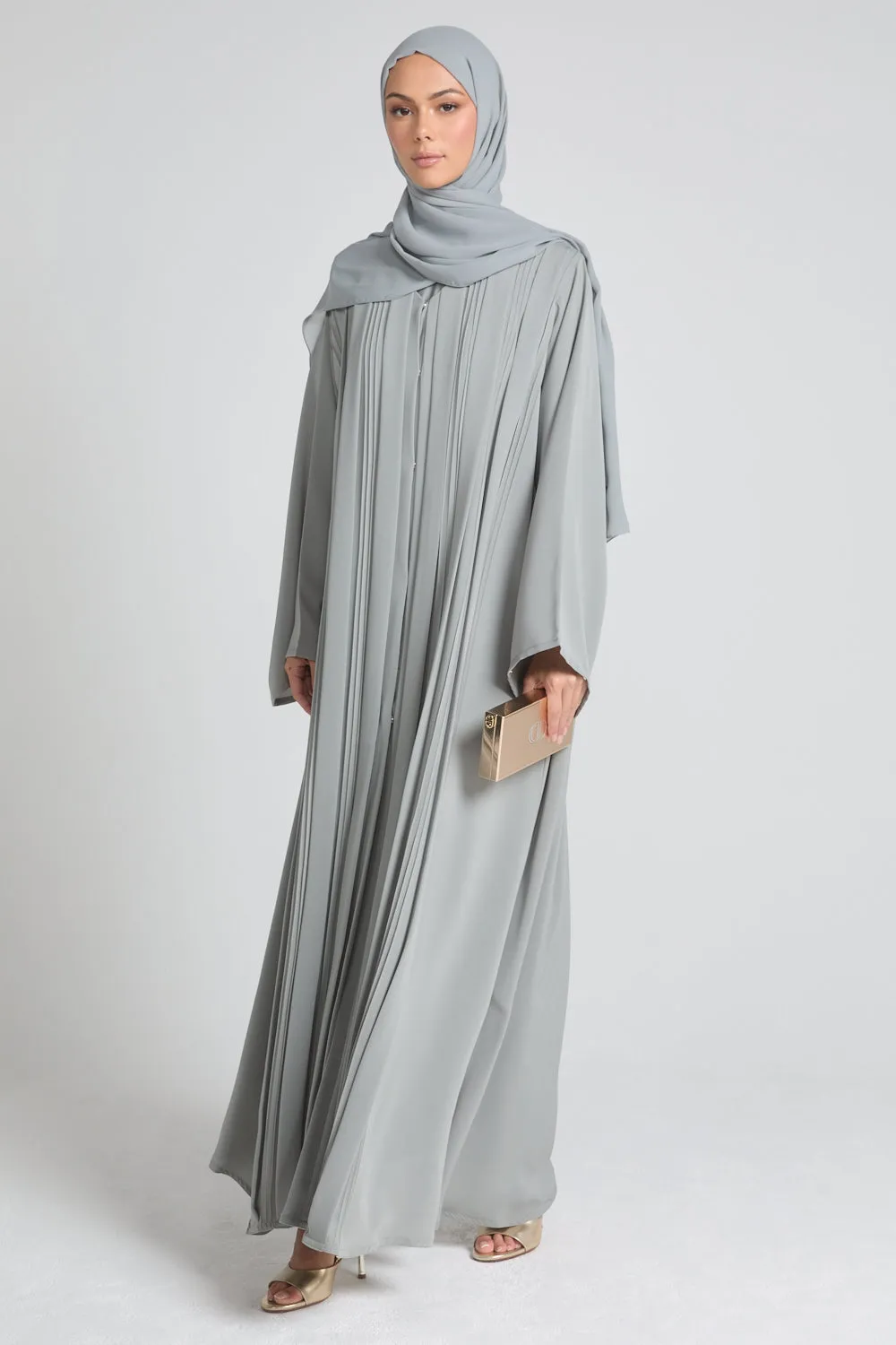 Premium Pleated Detailing Open Abaya - Sage Grey