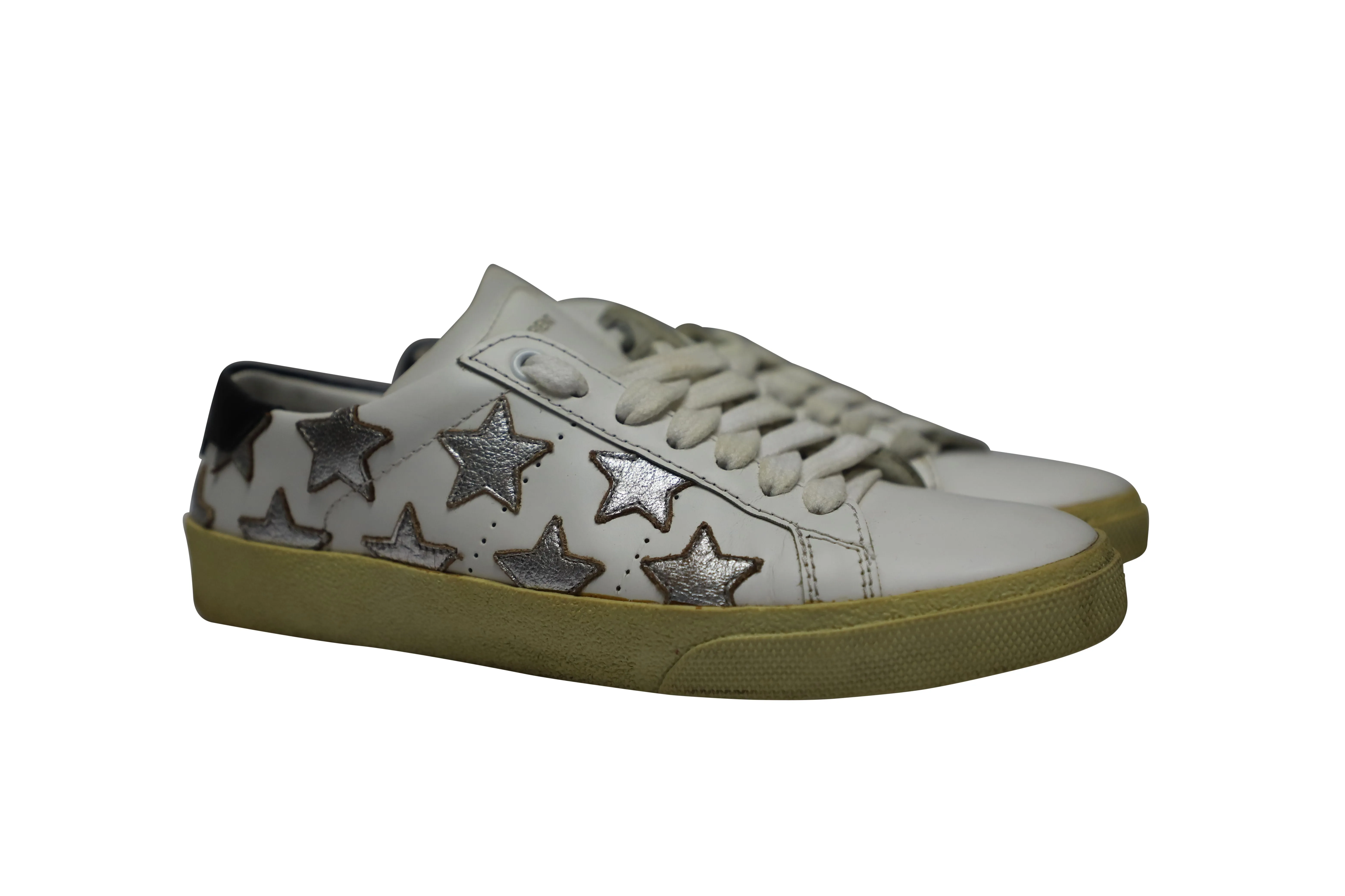 Saint Laurent Paris SL/06 Metallic Stars Low Sneakers in White Leather