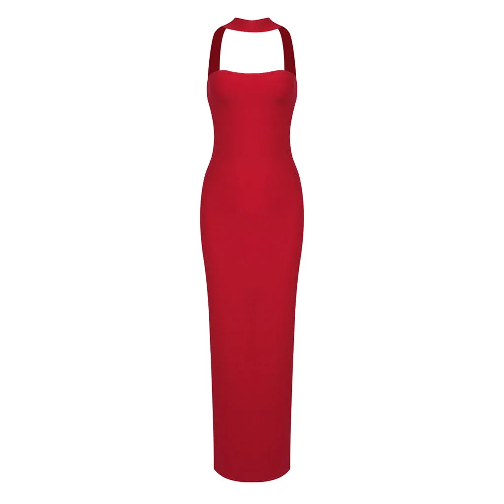 Sexy Choker Neck Sleeveless Open Back Split Bandage Maxi Gown Dress