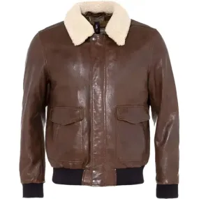 Stylish Men's Brown Sheepskin Leather Aviator Jacket - Warm & Durable